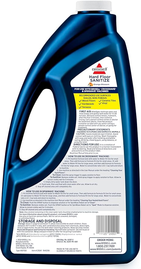 Bissell Hard Floor Sanitize Formula, 25041, 64 Fl Oz CrossWave & Spinwave, Use on Sealed Hard Floors, Orange Bloosom
