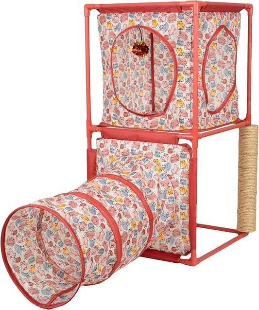 Kitty City Cozy Cube Retreat Cat Tower with Tunnel, Scratching Post & Hanging Toy, Dual-Level Indoor Cat Play Furniture for Climbing, Hiding & Lounging, Red