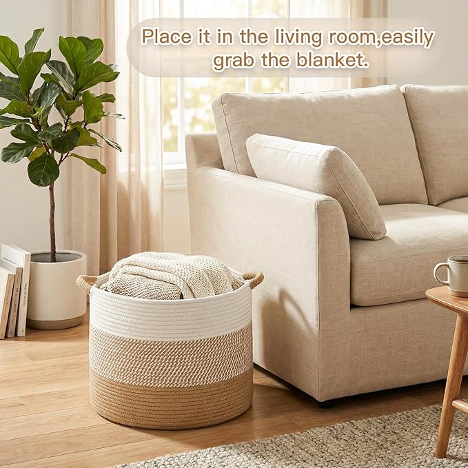 70L Large Cotton Rope Basket, Decorative Woven Blanket Storage for Living Room, Boho Toy Storage & Toy Box for Kids, Versatile Laundry Basket & Nursery Hamper for Blankets(Brown)