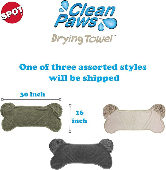 SPOT Clean Paws Chenille Microfiber Dog Towel, Super Absorbent with Corner Hand Pockets, Dries Wet Paws & Body Fast, Machine Washable, 30 x 16 in, Assorted Colors