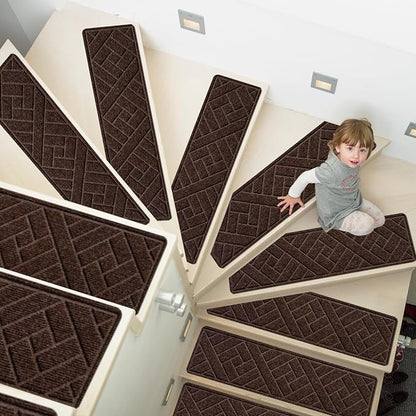 15 Pack 8 "X 30" Non-Slip Carpet Stair Treads for Indoor Wooden Steps, Made of Polyester and Reusable Adhesive, Suitable for Kids Elders and Pets（Brown Lines）
