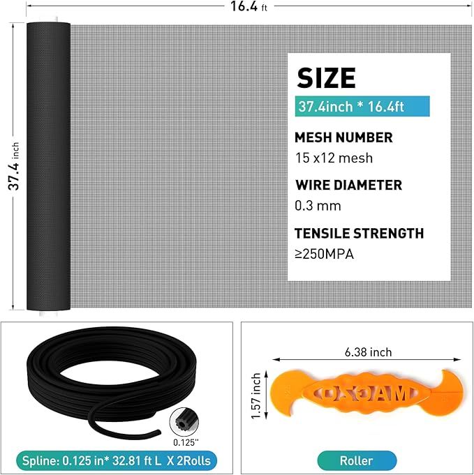 Pet Proof Window Door Screen Roll,37.4INx16.4FT Polyester Window Screen Mesh,Heavy Duty Screen Replacement Kit for Window, Door,Pet,Patio,Porch (15x12 Mesh)