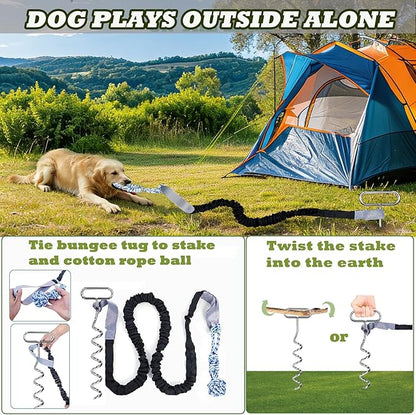 Dog Bungee Tug Toy with Steel Stake & 2 Chew Balls, 6.8ft Stretch Rope tug Toy - Tether Tug for Large/Medium/Small Dogs - Outdoor/Outside Dog Tug of War Toy (Lawn/Tree Use)