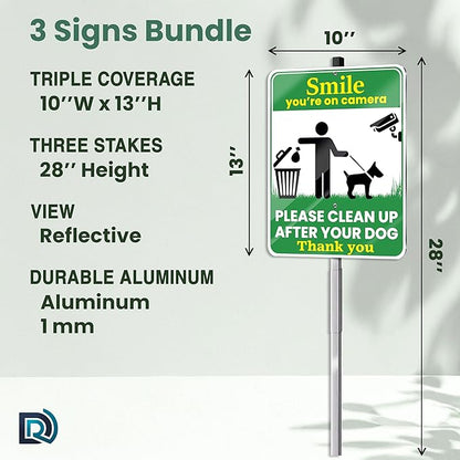 Clean Up After Your Dog Signs, Smile Youre on Camera Signs, 10 x 13 Inch Reflective Aluminum Outdoor Yard Signs with 28 Inch Metal Stake, 3 Pack