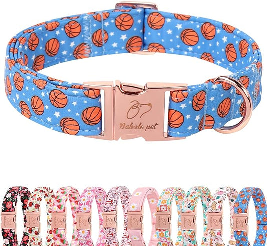 Adjustable Boy Dog Collar - Cute Blue Basketball Print Dog Collars for Medium Dogs, Durable Pet Heavy Duty Metal Buckle Collar M