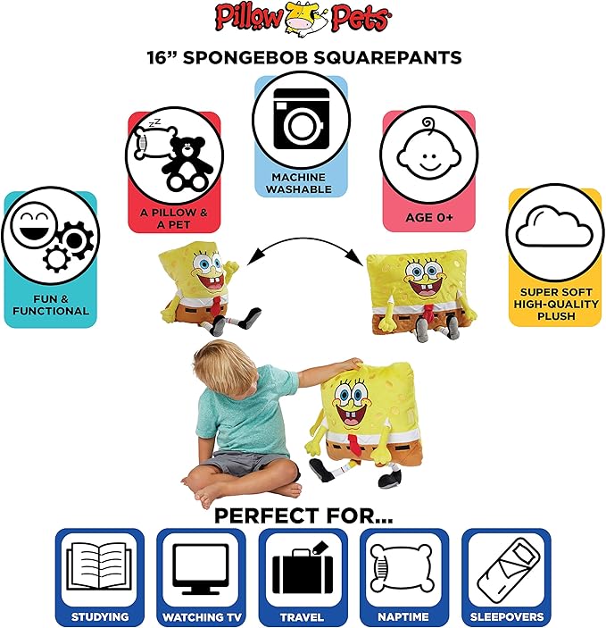 Pillow Pets 16 inch Spongebob Squarepants Stuffed Animal, Nickelodeon Plush Toy Gift for Kids