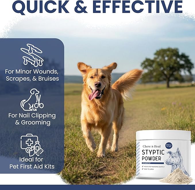 Chew + Heal Labs Styptic Powder for Dogs - .5 oz Quick Stop Bleeding for Dogs Nails & Animal Cuts - Blood Stop Clotting Powder & Wound Care