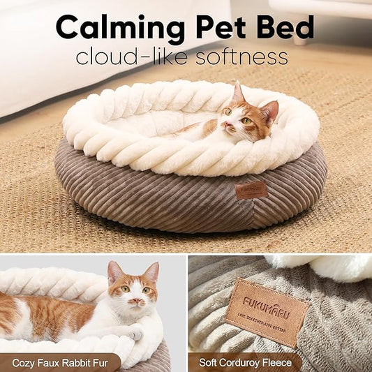 FUKUMARU Cat Bed, Calming Donut Dog Beds, Plush Faux Fur&Corduroy Kitten Beds, Cute Round Washable Pet Bed for Large Cats and Puppy, Cat Cave with Anti-Slip Bottom, 21inch, Camel