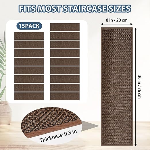 Peel and Stick Self Adhesive Jute Carpet Stair Treads, 15 Pack Rubber Backed Basement Safety Stair Mats, Non Slip Stair Cover Step Pads for Stairs, Light Brown