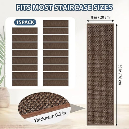 Peel and Stick Self Adhesive Jute Carpet Stair Treads, 15 Pack Rubber Backed Basement Safety Stair Mats, Non Slip Stair Cover Step Pads for Stairs, Light Brown