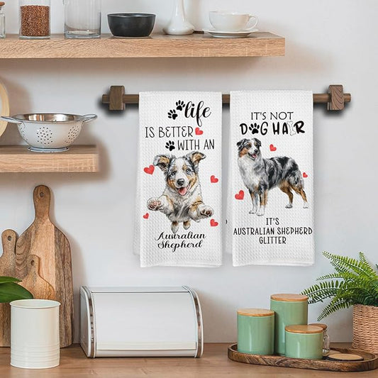 Australian Shepherd Gifts Kitchen Towels Set of 2, Funny Dog Hand Towels for Kitchen Bathroom Decor, for Women Dog Lovers Moms Owners Dishcloths Dish Towel 16X24 Inches