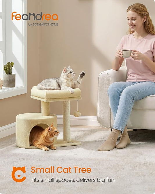 Feandrea Cat Tree, Small Cat Tower with Sisal Scratching Post, Plush Condo with Padded Perch, for Small Spaces, Kittens, Sand Beige UPCT050LF01