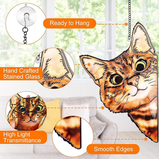 Remiawy Stained Glass Window Hanging, Funny Peeking Cat with Metal Chain and Hooks Window Indoor Decoration and Christmas, Mother's Day Birthday Pet Sympathy Gifts for Cat Lover