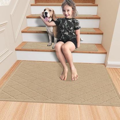 Stair Treads Non Slip Landing Rug for Wooden Steps Indoor, Peel and Stick Stair Treads Matching-Mat 20"X32" Landing Slip Resistant Stair Rugs for Kids and Dogs, Polyester Stair Landing Mat, Beige