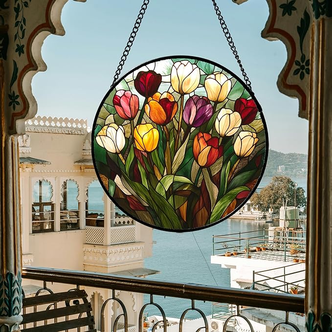 Stained Glass Window Hanging Colorful Tulip Large 15" - Flower Suncatcher Door Garden Sun Catcher Home Plant Decor Birthday Mother's Day for Mom Woman Friend Nana Colleague