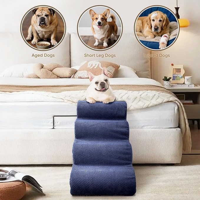PAWSCART Pet Stairs for Dogs 3-Step, 15.7" H Pet Stairs for High Bed, Couch Sofa & Chair, 30D Material Soft Foam Dog Steps with Non-Slip Bottom Surface Removable Washable Cover, Blue