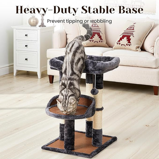 Multi-Level Cat Tree for Indoor Adult Cats, Modern Cat Tower with Double Beds & Scratching Posts, Cute Cat Tree Tower for Large Cats and Kitten, Small Cat Tree Tower with Hanging Toys, Grey