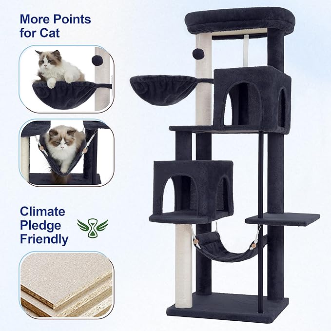 Gitelsnour 51.2'' Cat Tree Tower, Cat Tower with Scratching Post, Sturdy Steel Pube Cat Tree for Inoor Cats Large Adult, Cat Hammock and Basket, Padding Top Platform, Drak Gray GCT014G