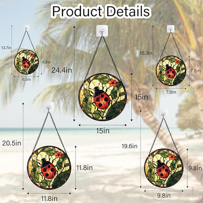 Stained Glass Window Hanging - Red Ladybug Green Plant Flower Sun Catcher for Door Home Decor Insect Suncatcher Christmas Mother's Day Birthday Gifts for Women Men Mom Nana 15 in