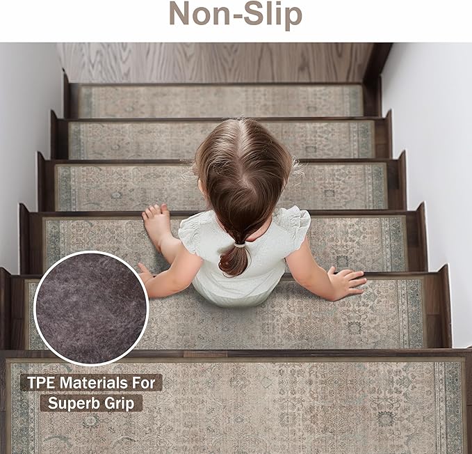 Carpet Stair Treads Non Slip 15PCS, 8" X 30" Edging Stair Runner for Wooden Steps Indoor, Resistant Stair Rug with Reusable TPE Adhesive Backing, Residue Free Mat for Elders, Pets, Cameo