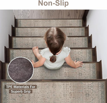 Carpet Stair Treads Non Slip 15PCS, 8" X 30" Edging Stair Runner for Wooden Steps Indoor, Resistant Stair Rug with Reusable TPE Adhesive Backing, Residue Free Mat for Elders, Pets, Cameo