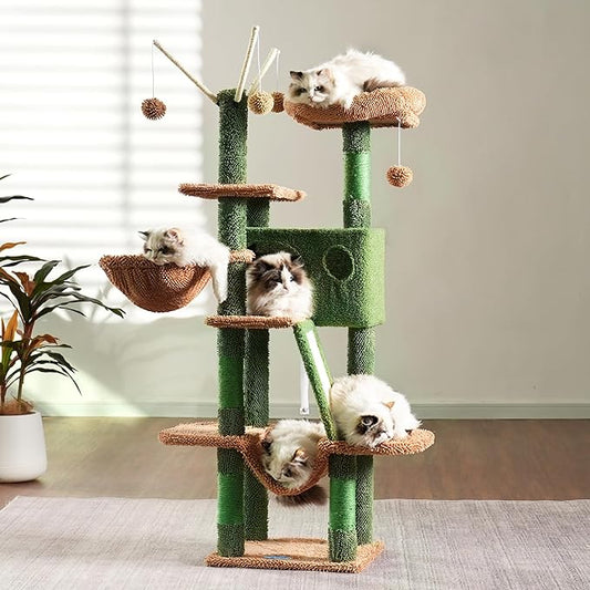 Hey-brother Cat Tree, 53 inch Cat Tower for Indoor Cats, Cat House with Padded Platform Bed, Toy Balls, Large Cozy Condo, Hammocks and Sisal Scratching Posts, Cactus MPJ019SCA