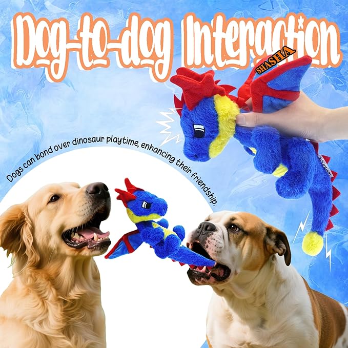Original Blue Dinosaur Dog Toy - Soft Dog Toys Plush for Small Medium Large Dogs（13.78''） - Cute Dog Squeak Toys with 5 Crinckle Papers & 2 Squeakers