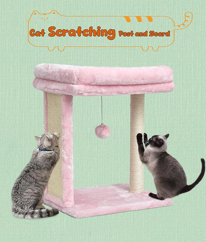 SYANDLVY Small Cat Tree for Indoor Cats, Scratching Board with Perch & Scratching Post, Kittens Scratcher with 2 Dangling Balls, Pink