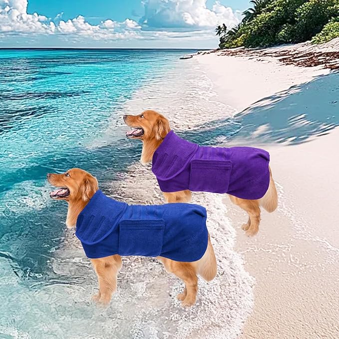 Geyecete 2 Pack Dog Drying Coat Dry Fast Dog Bag Dog Bathrobe Towel,Microfibre Fast Drying Super Absorbent Pet Dog Cat Bath Robe Towel Blue/Purple-3XL