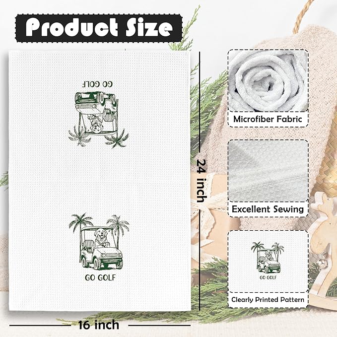 Golf Dog Kitchen Towels - Golden Retriever Dish Towels, Sports Gifts, Pet Golf Club Decorative Absorbent Dishcloths Hand Towels Set of 2 for Gym Spa Kitchen Decor 16x24 Inches