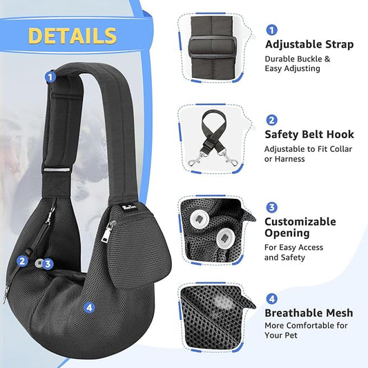 SlowTon Dog Carrier Sling - Thick Padded Shoulder Strap Adjustable Dog Carriers for Small Dogs, Puppy Carrier Purse for Pet Cat with Front Zipper Pocket Safety Belt Machine Washable (Grey Mesh S)