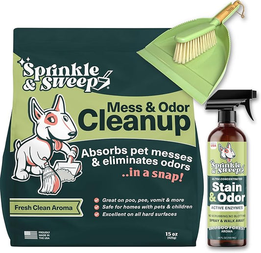 Sprinkle & Sweep Pet Accident Cleanup for all Hard Surface - Non Toxic Quick Pet Mess Cleaner & Odor Remover for Urine, Poop, Vomit, Diarrhea & Potty Training (1Bag + Sweepr Kit + 1 Spray)
