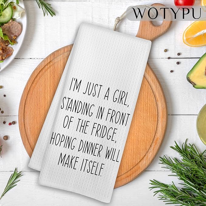 Funny Sarcastic Kitchen Towels, Funny Gifts Dish Tea Towel, I’m Just a Girl Standing in Front of The Fridge Humorous Hand Towels for Kitchen Decor, 16x24 Inch