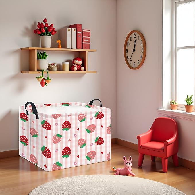 Rectangular Kids Storage Basket Boys for Home Kitchen Girls Cute Storage Bin Organizer Shelf Book Room Decor(Stawberry)