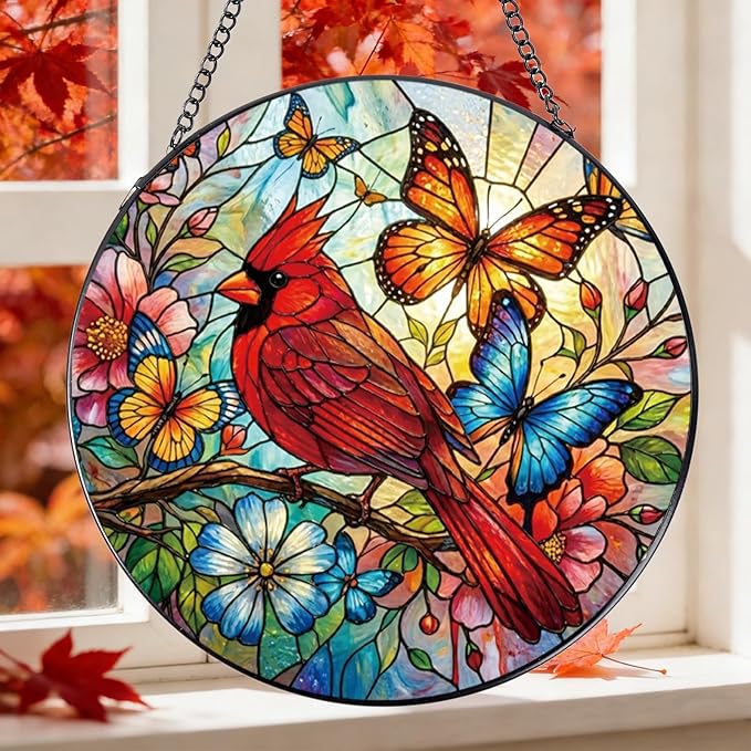 Stained Glass Window Hanging, 7.8″ Cardinal Sun Catchers with Hook Indoor Window Bird Butterfly Decor, Decorative Suncatchers Hanging Ornaments Home Garden Art Gift for Housewarming