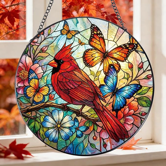 Stained Glass Window Hanging, 7.8″ Cardinal Sun Catchers with Hook Indoor Window Bird Butterfly Decor, Decorative Suncatchers Hanging Ornaments Home Garden Art Gift for Housewarming
