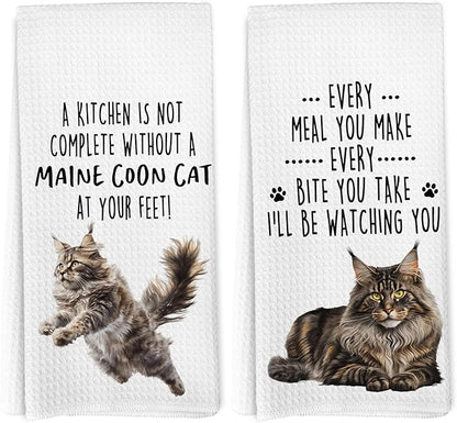 Funny Maine Coon Cat Kitchen Towels, Maine Coon Cat Mom Lady Lovers Gifts for Women Hand Towels, Gifts for Pet Lovers Dishcloths Dish Towel for Kitchen 16x24 Inches Set of 2