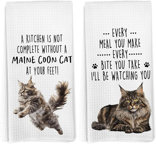 Funny Maine Coon Cat Kitchen Towels, Maine Coon Cat Mom Lady Lovers Gifts for Women Hand Towels, Gifts for Pet Lovers Dishcloths Dish Towel for Kitchen 16x24 Inches Set of 2
