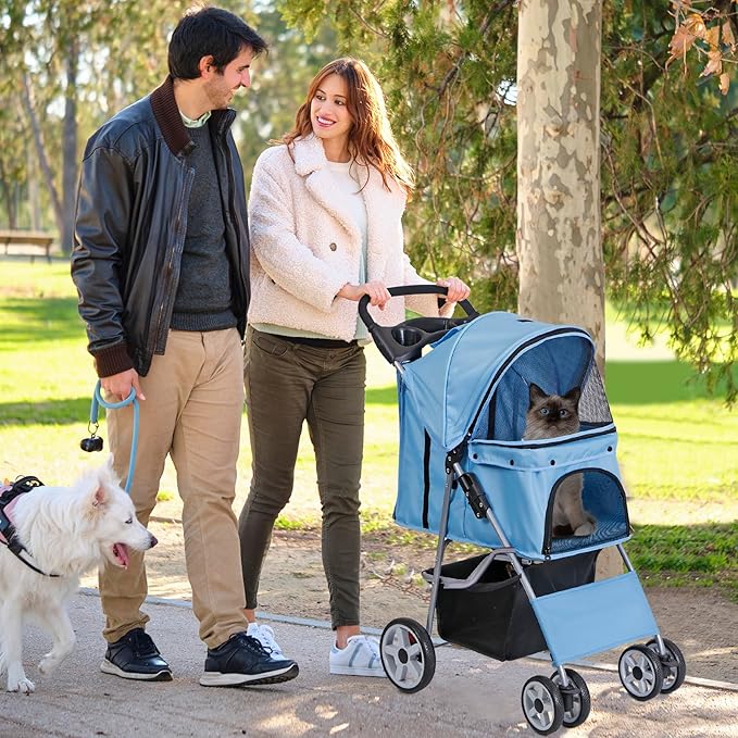 LEMY Pet Stroller,4 Wheels Dog Cat Stroller for Small Medium Dog Cats Carrier Jogger Travel Foldable Puppy with Storage Basket and Cup Holder(Blue)