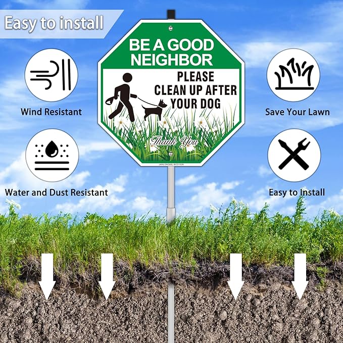 Clean Up After Your Dog Sign with Stake, 10"W x 28"H Aluminum Be A Good Neighbor, Pick Up After Your Dog Sign for Yard, No Poop Lawn Sign, Curb Your Dog Signs for Lawn- Easy to Install