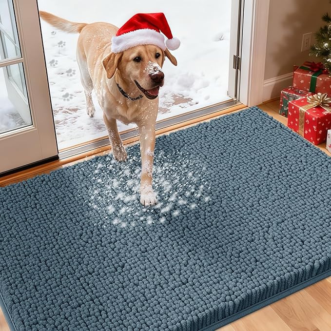 IM HOME Large Dog Door Mats for Muddy Paws, 48" x 30" Chenille Absorbent Mud Mat for Dogs, Non Slip Heavy Dog Rugs for Muddy Paws, Soft Indoor Door Mat for Entryway, Mud Paw, Inside Floor, Dusty Blue