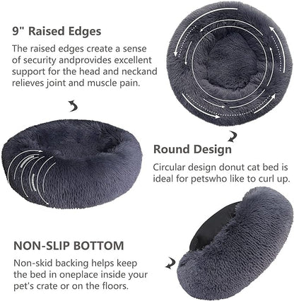 Small Calming Dogs Bed for Small Dogs Anti-Anxiety Machine Washable Fluffy Luxury Anti-Slip Waterproof Mute Base Warming Cozy Soft Pet Puppy Round Bed