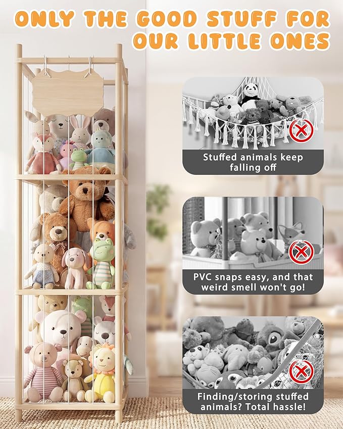 Stuffed Animal Storage Holder, Kids Plushies Toy Storage Organizer with Cute Sticker, 54In Wood Stuffed Animal Zoo Storage, Toy Shelf for Boys Girls, Ideal for Nursery, Playroom, Bedroom, Toddler Room