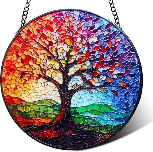 Stained Glass Tree of Life Suncatcher - 7.8In Handcrafted Window Hanging & Wall Art for Home, Living Room, Garden & Outdoor Porch Decor - Birthday, for Women Mom Teacher