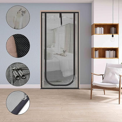 QWR Reinforced Cat Screen Door,Fits Door Opening Size 36''x 81'',Thickened Cat Resistant Mesh Screen Door for Living Room,Kitchen,Bedroom,Cat Proof Screen with Zipper Closure(U-Type,Black)