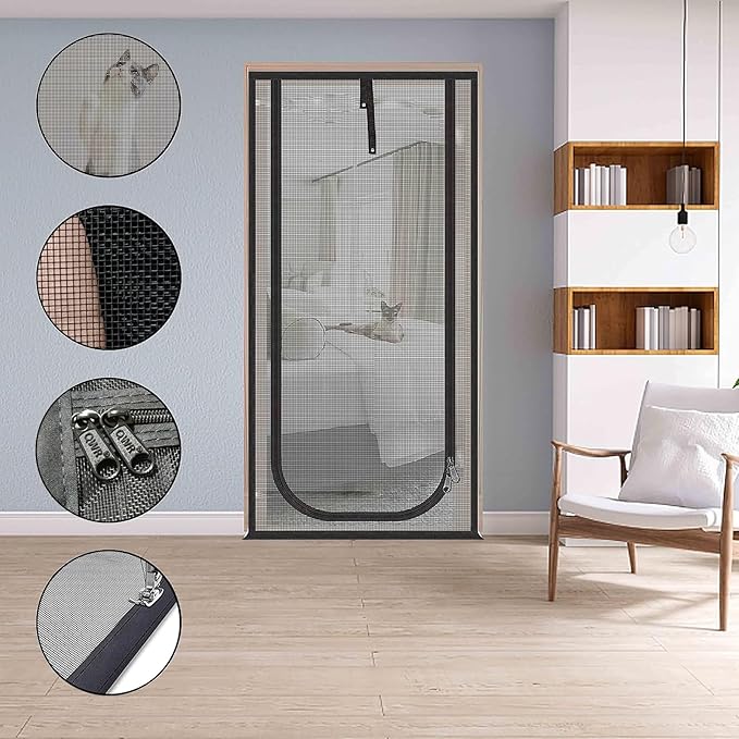 Reinforced Cat Screen Door,Fits Door Opening Size 38''x 82',Thickened Cat Resistant Mesh Screen Door for Living Room,Kitchen,Bedroom,Cat Proof Screen with Zipper Closure.