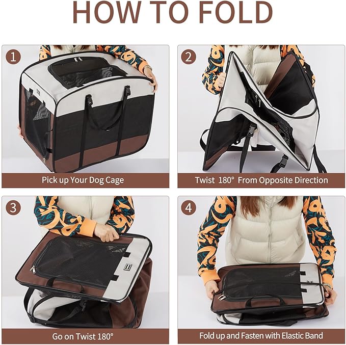 DONORO Dog Kennels and Crates for Medium Dogs, Portable Pop Up Indoor Pet Cage with Sturdy Wire Frame, Collapsible Travel Crate Soft Sided Cat Bag Escape Proof (Brown, 24.0" L x 16.0" W x 19.0" H)