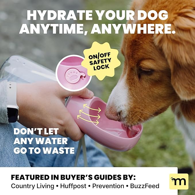 MalsiPree Leak-Proof Portable Dog Water Bottle for Travel - 19 oz, with Pink Bowl - Food Grade Plastic - Dog Bowls - Puppy Essentials - Pet Water Bottle