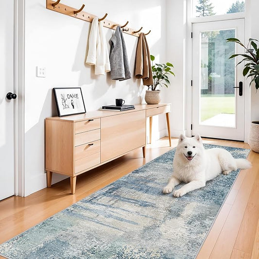 3x10 Extra Long Runner Rug Non-Slip Washable - Abstract Modern Indoor Hallway Carpet for Long Entryways, Kitchen, Bedroom - Soft Thin Low Pile Floor Runners for High Traffic Areas 3x10 Blue