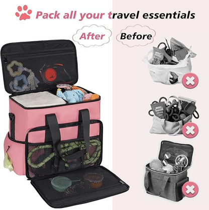5 Set Dog Travel Bag for Supplies, Dog Lovers, Large Pet Travel Kit Includes 2 Food Containers, 2 Collapsible Bowls, Pink